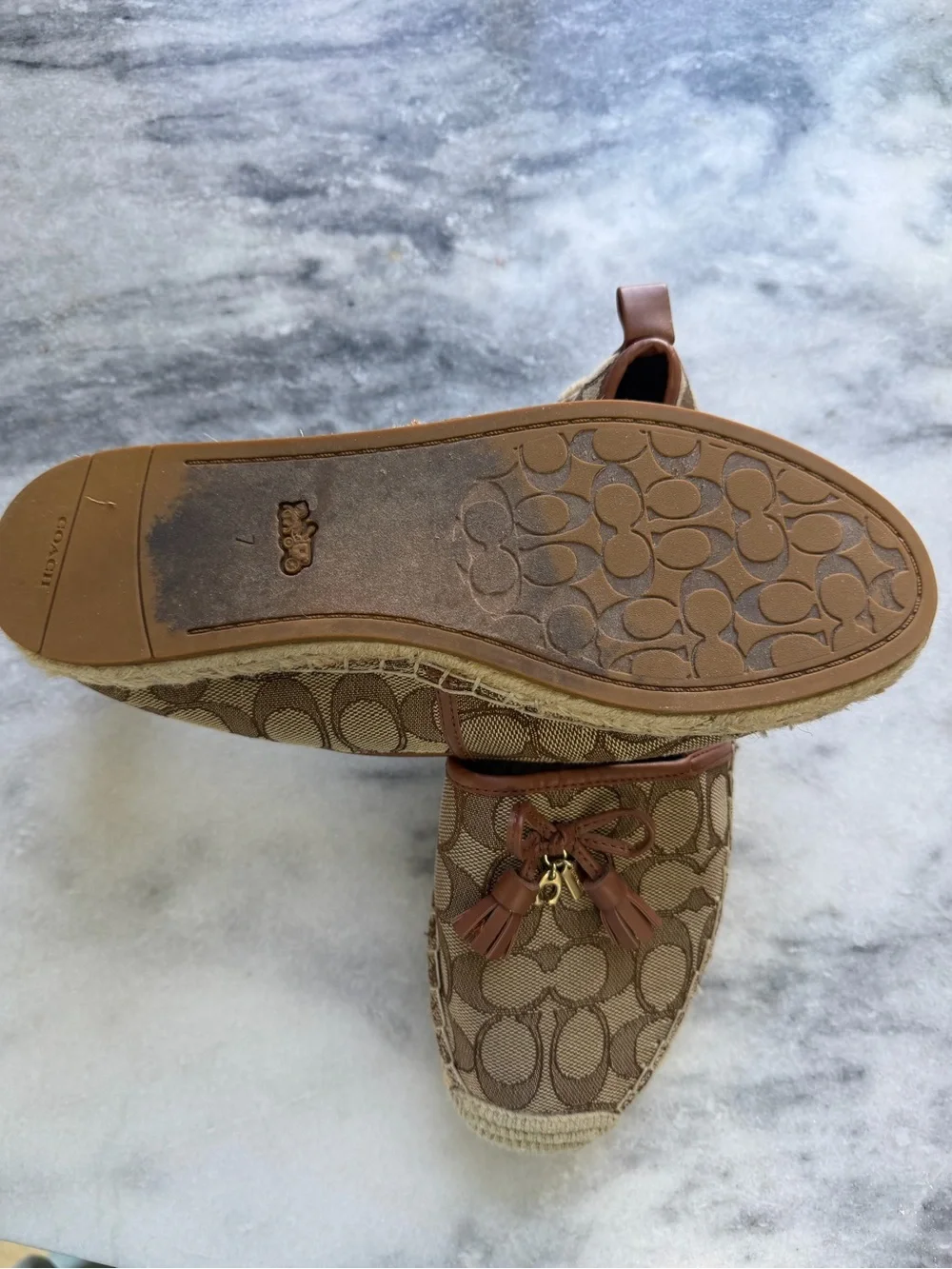 Coach Signature Canvas Espadrille Flats in Brown and Tan with Tassels
